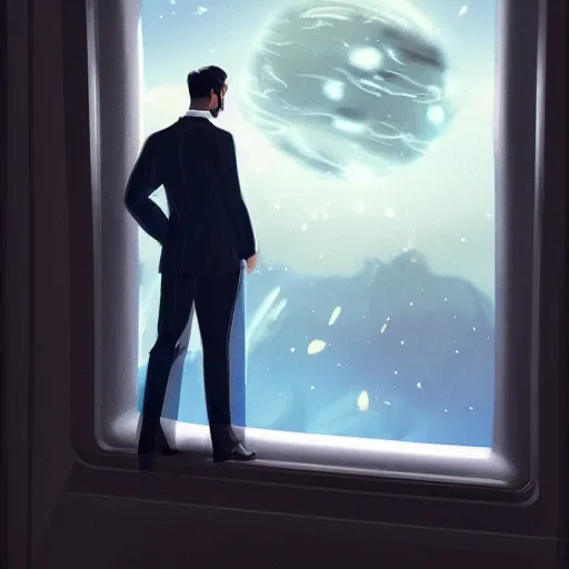 Image similar to A rich man in a suit looking out of the window of a space station ,D&D, elegant, hopeful, muscular, highly detailed, digital painting, artstation, concept art, smooth, sharp focus, illustration