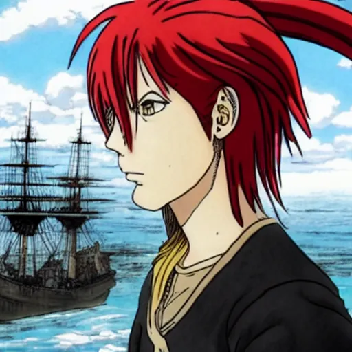 Prompt: sky-pirate with long red hair in front of a sky-ship, vinland saga, anime style