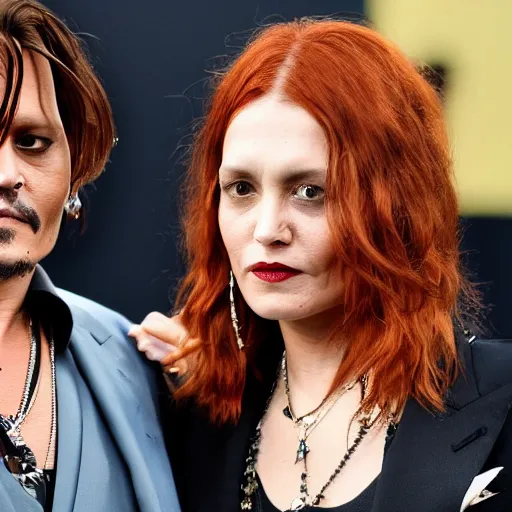 Image similar to johnny depp with his new girlfriend ginger hair woman detailed face detailed 8 k