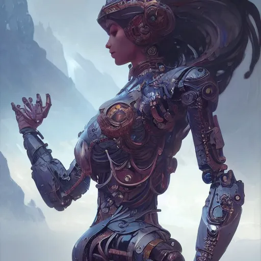 Prompt: AI Robot, D&D, fantasy, intricate, elegant, highly detailed, digital painting, artstation, concept art, smooth, sharp focus, illustration, art by artgerm and greg rutkowski and alphonse mucha