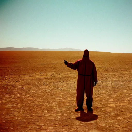 Prompt: a man wearing a hazmat suit, in the desert, film still, Panavision PSR-200 35mm