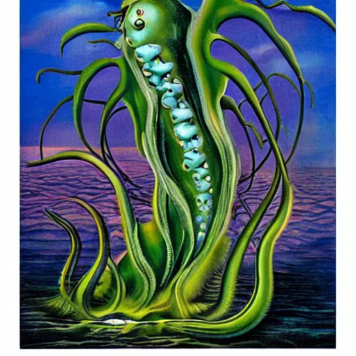 Image similar to deep sea plant life creature, surreal painting, dali style,