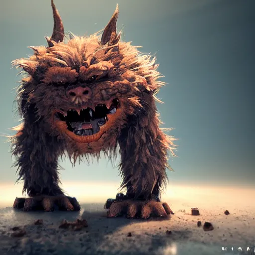 Image similar to full body pose, hyperrealistic photograph of a cute fuzzy goblin monster, dim volumetric lighting, 8 k, octane beautifully detailed render, extremely hyper detailed, intricate, epic composition, cinematic lighting, masterpiece, trending on artstation, very very detailed, stunning, hdr, smooth, sharp focus, high resolution, award, winning photo, dslr, 5 0 mm