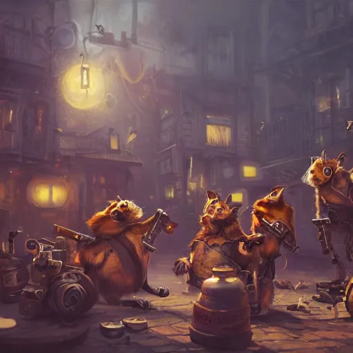 Image similar to oil painting of many hamsters with guns, steampunk clothes, steampunk city background, sharp focus, fantasy style, octane render, volumetric lighting, 8k high definition, by greg rutkowski, highly detailed, trending on art Station, dungeons and dragons artwork, centered