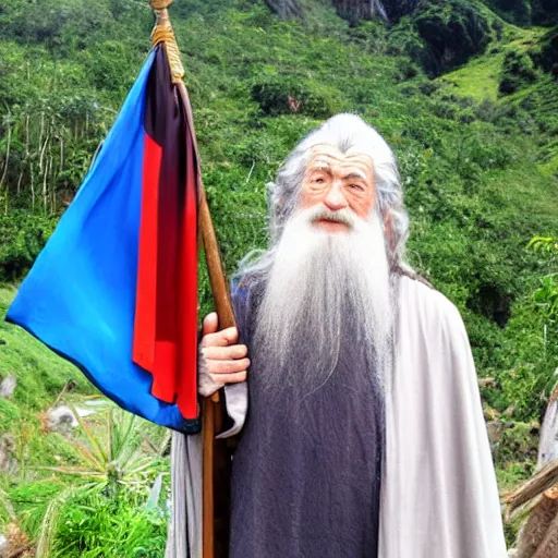 Prompt: gandalf carrying the guatemalan flag