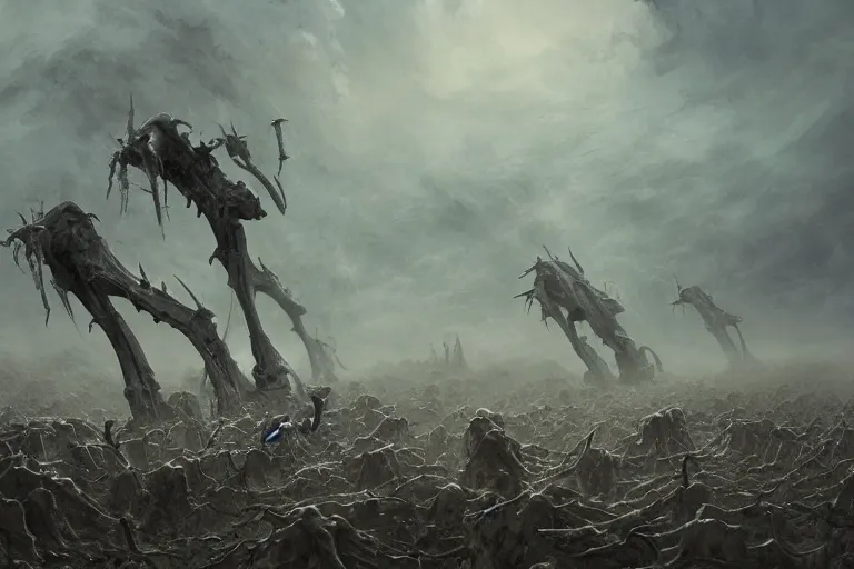 Prompt: army of bones forming, prophecy, moody, amazing concept painting, art station, by Jessica Rossier and HR giger and Beksinski, the middle of a valley; it was full of bones, bones that were very dry, there was a noise, a rattling sound, and the bones came together, bone to bone , I looked, and tendons and flesh appeared on them and skin covered them, but there was no breath in them and breath entered them, they came to life and stood up on their feet a vast army