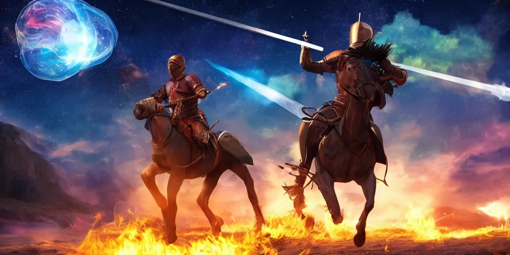 Prompt: A knight holding a flame sword while riding in a horse through the galaxy, vaporwave, hyperrealistic, 8K, highly detailed, volumetric lighting,