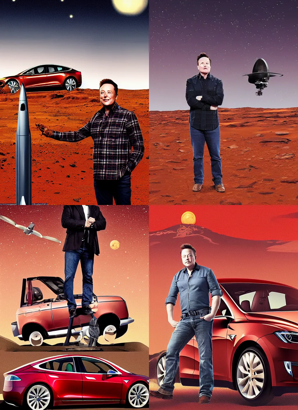Prompt: elon musk, wearing a plaid shirt, standing next to a tesla car, smiling, looking at the sky, on mars, rockets in the background, long shot, digital art, highly detailed, a vintage american poster by j. howard miller,