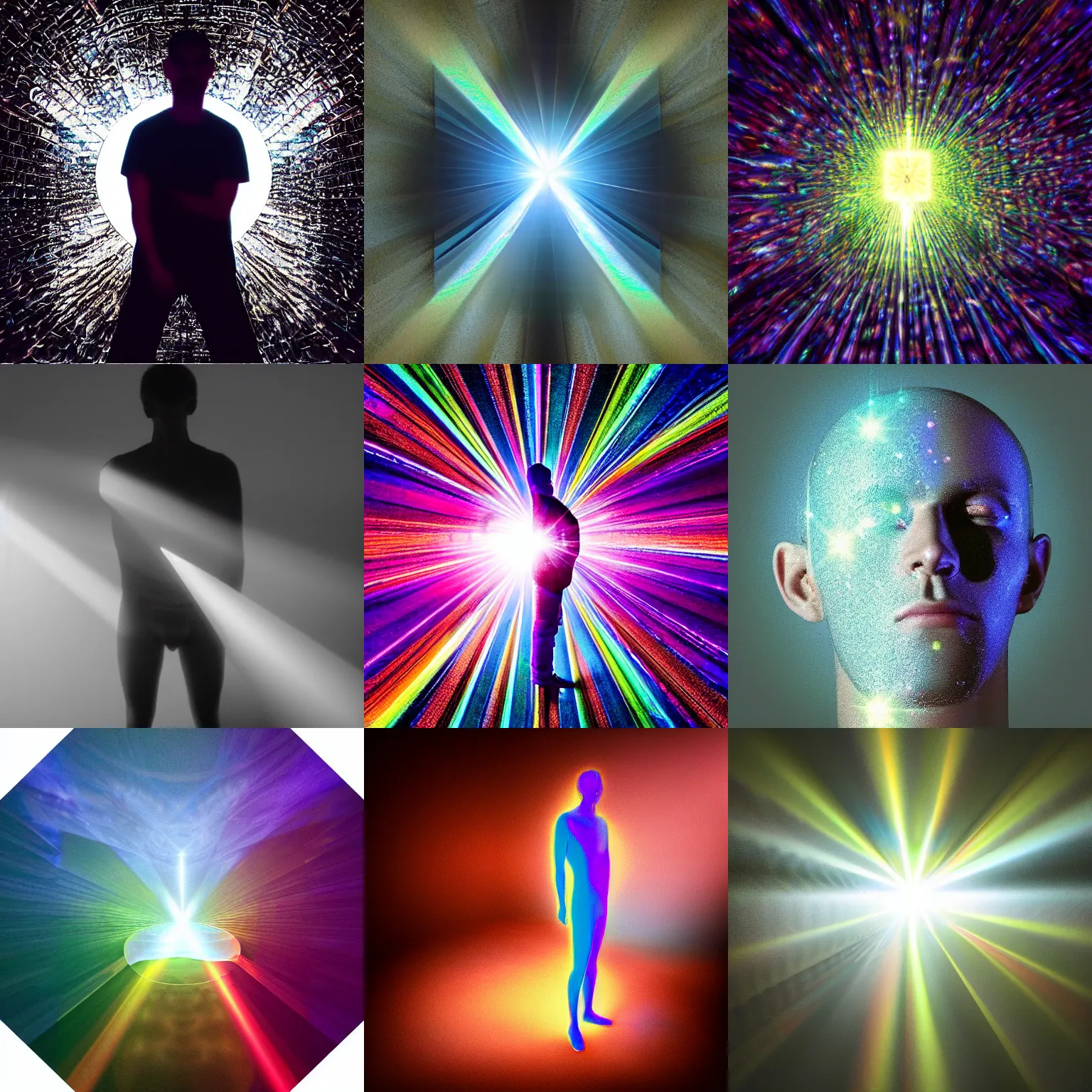 Prompt: “Ivan the prismatic person, refracted light, caustics, light rays shining through, 4k photo”