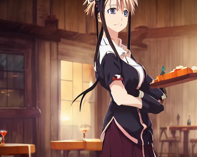 Image similar to key anime visual portrait of a young female with luggage in a tavern interior, dynamic pose, dynamic perspective, cinematic, dramatic lighting, muted colors, fine detail, textured, big detailed anime eyes outlined, anime proportions