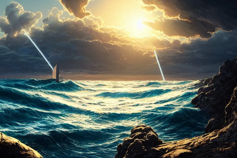 Prompt: detailed intricate digital illustration by greg rutkowski and artgerm and wlop and sanford robinson gifford ; nuclear bomb radiating bright, blinding lens flare across the horizon of a serene ocean, beautiful, glistening water and waves ; 1 3 mm film, arri alfa anamorphic lens, golden hour lighting ; sharp focus ; trending on artstation 8 k