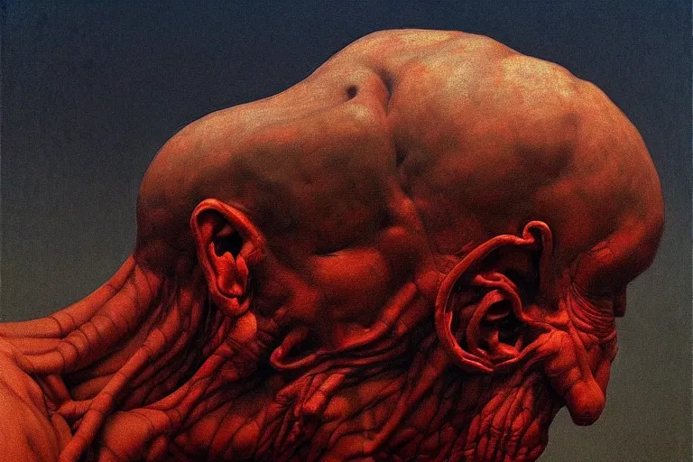 Image similar to headlessman with no head only body big face in stomach, blemmyes, in the style of beksinski, part by edward hopper, part by rodcenko, part by yue minjun, intricate and epic composition, insanely quality, highly detailed, masterpiece, artstation, 4 k