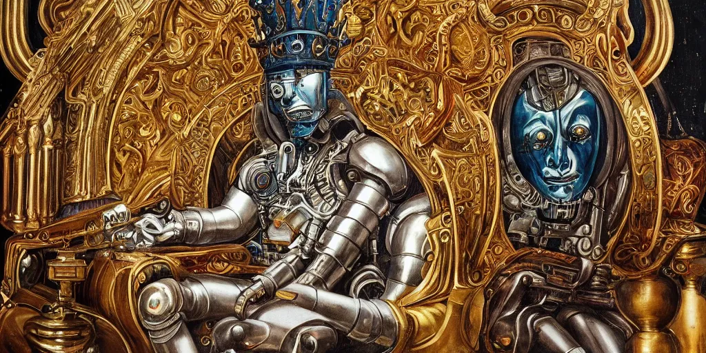 Prompt: beautifully painted mural of a mechanical cyborg king in ornate royal metallic fabric sitting in his royal throne room, piercing glowing eyes, sci fi scenery, fantasy, mural in the style of sandro botticelli, caravaggio, albrecth durer