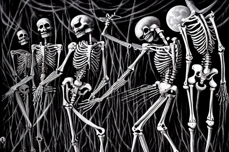 Prompt: highly detailed fine painting Macabre Dancing skeletons eerie moonlit under water scene digital art by H.R. Giger deviantart