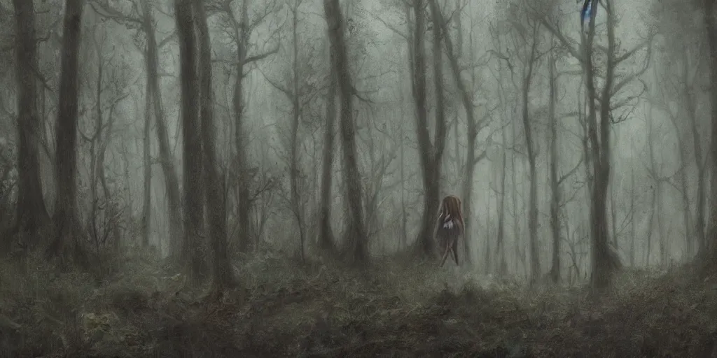 Prompt: a girl in a forest by Aron Wiesenfeld, cinematic, detailed illustration, nature, fog, dark colors, suspense, train the background, intricate, 8k