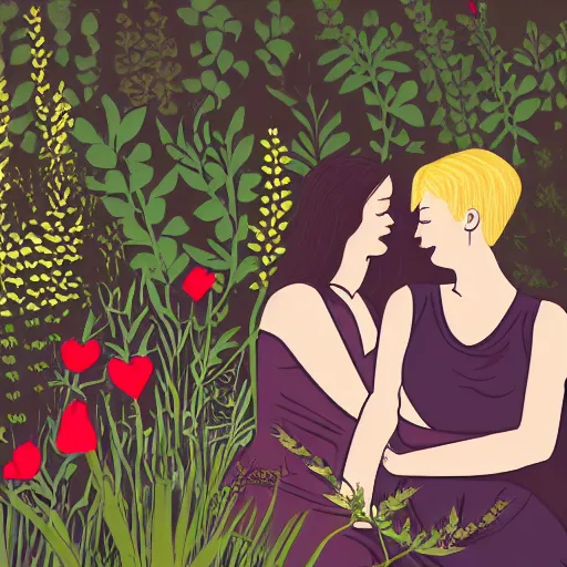 Prompt: couple cuddling, two women, one short - haired blonde, one goth brunette, in garden, romantic, highly detailed illustration