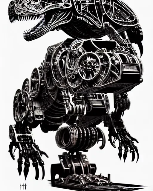 Image similar to a cyberpunk intricate mechanical robot t - rex dinosaur, transformer, high details, symmetry, bold line art, by vincent di fate and joe fenton, inking, etching, screen print, masterpiece, character concept art, trending on artstation, sharp, high contrast, hyper detailed,, hd, 4 k, 8 k