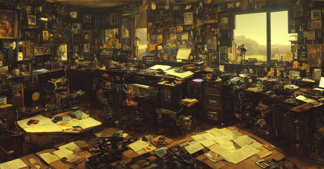 Image similar to Wide view of a hardware geek's desk from the future, full of various electronic hardware components and instruments, incredible sharp detail, back light contrast, dramatic dark atmosphere, bright vivid colours, reclections, metal speculars, painted by Asher Brown Durand , Gustave Dore, George Inness, Martin Johnson Heade