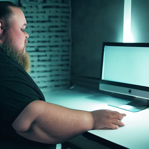 Prompt: a fat man working on his computer at nighttime in his room, dirty clothes, beard, short hair, white tank top, glowing, photography, realistic, detailed, cinematic, cinematography,