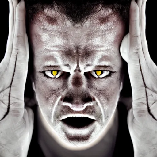 Image similar to man with headlights for eyes, horror, horror movie, scary, creepy, nighttime, dark