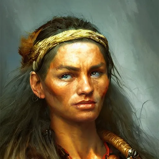 Prompt: portrait of a germanic hunter - gatherer tribe woman ( 3 5 ) from the the netherlands, an oil painting by ross tran and thomas kincade