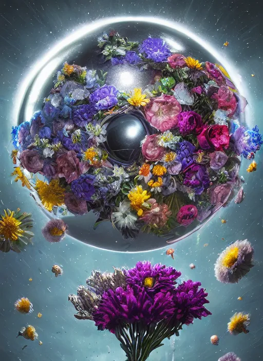 Image similar to An epic fantastic realism comic book style painting of the most beautiful flowers launched into space, perfect shiny silver iridescent spheres, bouquets, fisheye lens, unreal 5, DAZ, hyperrealistic, octane render, dynamic lighting