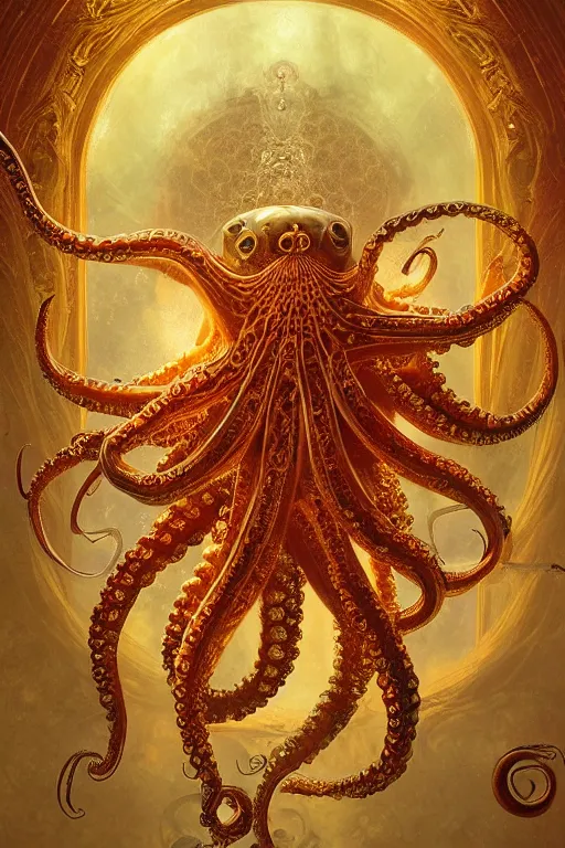 Image similar to tarot card artstation, portrait of an octopus, sunrise, baroque ornament and rococo ornament, ancient chinese ornate, hyperdetailed, beautiful lighting, craig mullins, mucha, klimt, yoshitaka amano, depth, red and gold and orange color palette