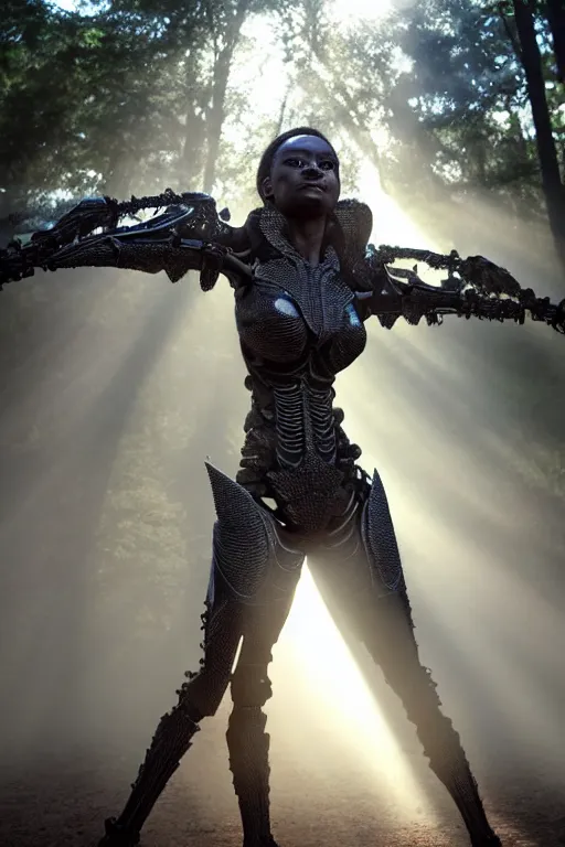 Image similar to hyperrealistic long shot gorgeous black woman intricate exoskeleton bone armor in a forest sun behind her god rays highly detailed concept art eric zener elson peter cinematic low angle hd 8k sharp rack focus