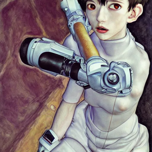 Image similar to realistic beautiful highly detailed portrait of shinji ikari's eva, photorealistic, mecha, angel, egon schiele, john mcneill whistler, john singer sargent, epic, stunning