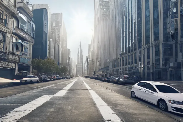 Prompt: street view of a city in 2150 flying cars