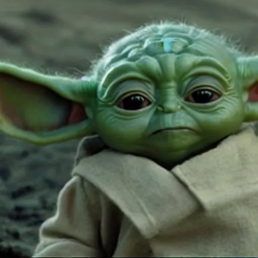 Image similar to a film still of baby yoda grown up and he is dying in battle in star wars realistic, detailed