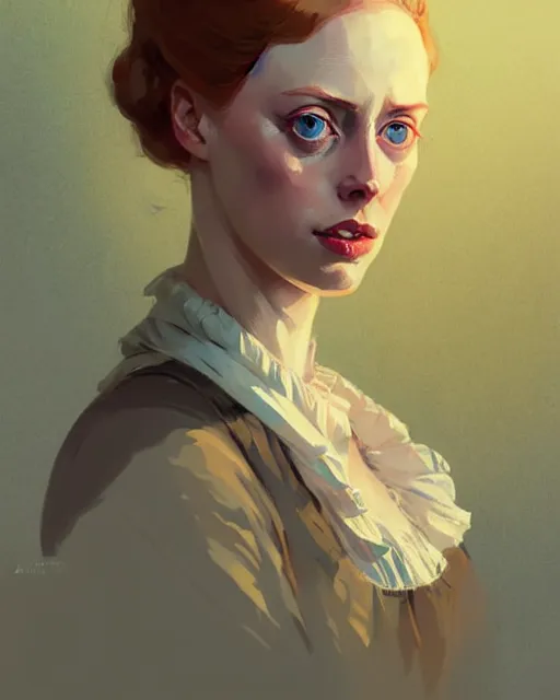 Image similar to hyper - realistic portrait of deborah ann woll as a jane austen character by atey ghailan, by greg rutkowski, by greg tocchini, by james gilleard, by joe fenton, by kaethe butcher, dynamic lighting, gradient light yellow, brown, blonde cream and white color scheme, grunge aesthetic