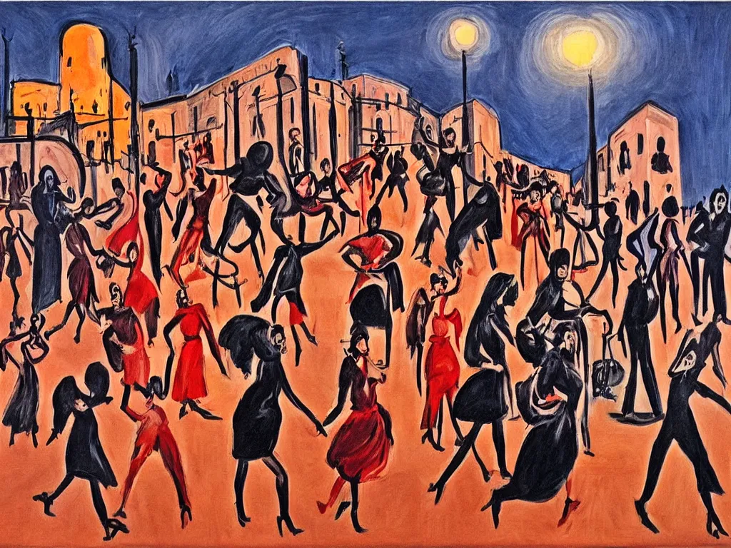 Image similar to woman movement, lisbon city at night, art in the style of paula rego