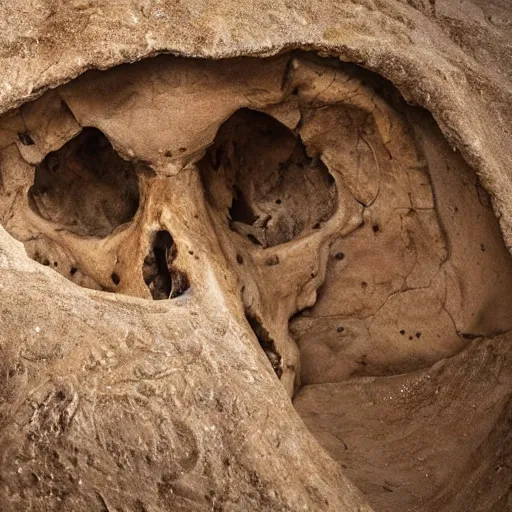 Image similar to Palaeontologists discover giant human skull, partly buried. Award winning photography, National Geographic.