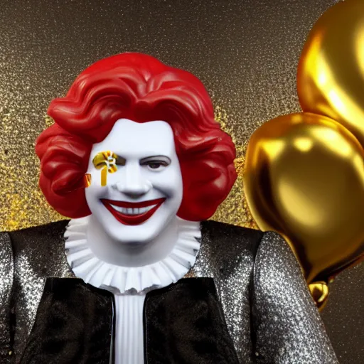 Image similar to a still of ronald mcdonald surrounded by gold and diamonds, award - winning, photograph, 3 d render, unreal engine, 4 k detailed