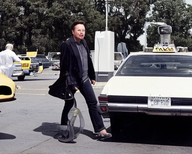 Prompt: elon musk walking in front of a taxi car, in front of a gas station, 1 9 7 0 s photo