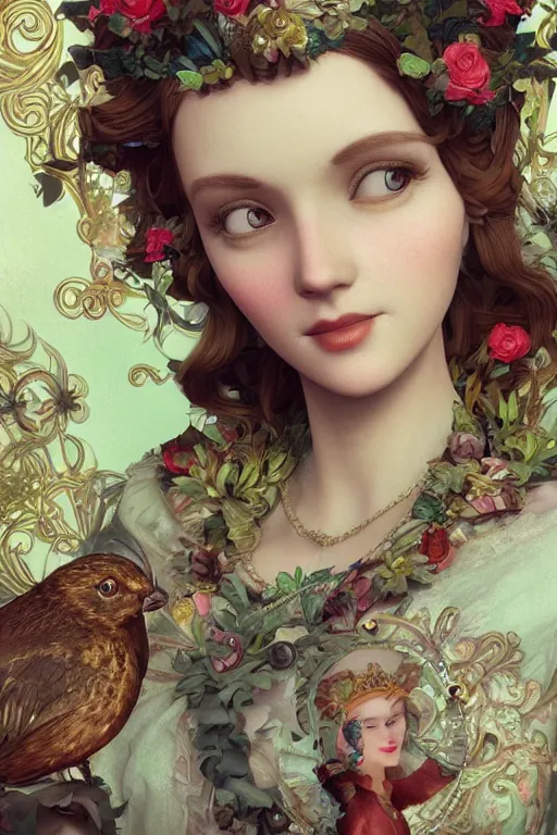 Image similar to face closeup, 3 d render of english princess holding birds, ornaments, background flowers, mucha vibe, dieselpunk, solarpunk, artstation