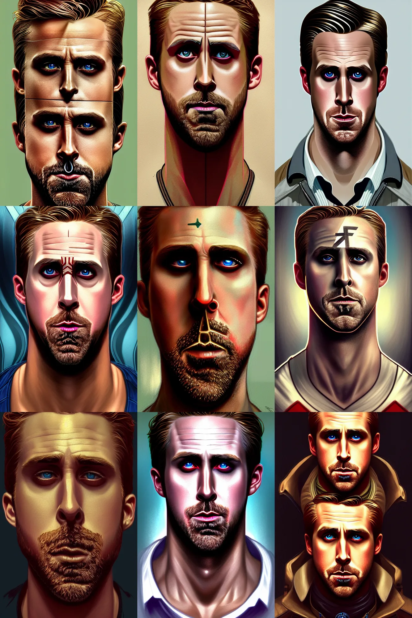Prompt: symmetry!! portrait of ryan gosling in drive in the style of god of war, machine parts embedded into face, intricate, elegant, highly detailed, digital painting, artstation, concept art, smooth, sharp focus, illustration, art by artgerm and greg rutkowski and alphonse mucha, 8 k