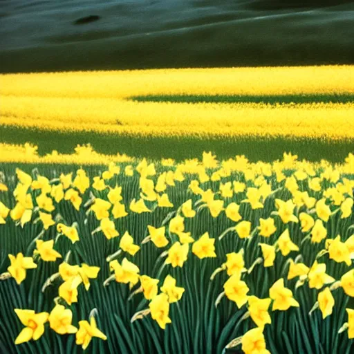 Image similar to i wandered lonely as a cloud, that floats on high o'er vales and hills, when all at once i saw a crowd, a host, of golden daffodils