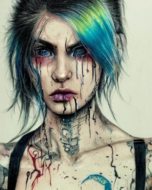 Prompt: attractive grungy woman with rainbow hair, drunk, angry, soft eyes and narrow chin, dainty figure, long hair straight down, torn overalls, basic white background, side boob, tattooed, piercing, wet shirt, wet, raining, highly detailed face, realistic face, beautiful detailed eyes, fantasy art, in the style of greg rutkowski, illustration, epic, fantasy, intricate, hyper detailed, artstation, concept art, smooth, sharp focus, ray tracing, vibrant,