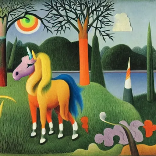 Prompt: A unicorn with a rainbow colored horn, epic scene, Henri Rousseau