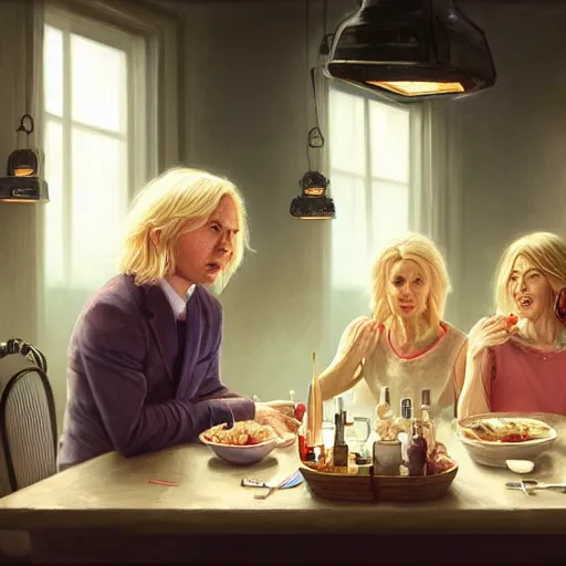 Image similar to michael mcintyre and middle aged blonde woman with short hair and a blonde woman with long hair having dinner, anatomy, bathed in light, highly detailed, photorealistic, artstation, smooth, sharp focus, illustration, unreal engine 5, 8 k, art by artgerm and greg rutkowski and edgar maxence