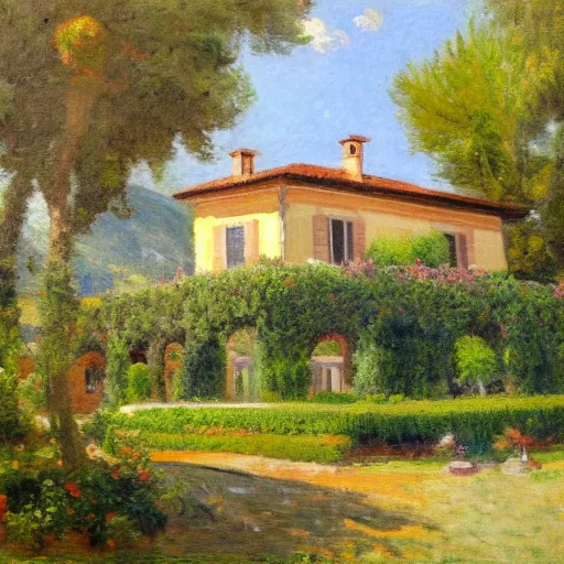 Prompt: Large Italianate House with beautiful landscaping on the shores of Lake Como, oil painting in the Impressionist style