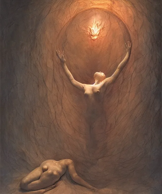 Image similar to Beautiful full-body wax sculpture of a glowing transparent woman inside egg with melted white wax in the singularity where stars becoming baroque folds of dark matter by Michelangelo da Caravaggio, Nicola Samori, William Blake, Alex Grey and Beksinski, dramatic volumetric lighting, highly detailed oil painting, 8k, masterpiece