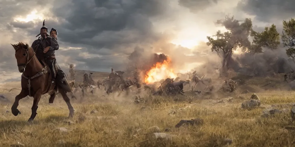 Prompt: promotional movie still rendered in 8 k hq 3 d octane ue 5, of an action shot from little bighorn, majestic action, focusing on the offset center of the scene, intense dramatic hdr, natural light, cinematic lighting, extremely high detail, photorealistic,