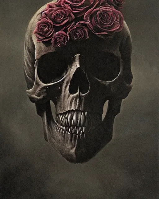 Prompt: skull surrounded by black roses, fog, cinematic shot, denis villeneuve movie still, wayne barlowe concept art, detailed, very coherent, vintage, masterpiece by emil melmoth