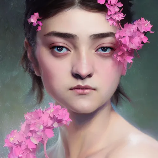 Prompt: expressive oil painting, of arya stark, smooth glowing skin, ornate headpiece made from pink flowers, glamour shot, by yoshitaka amano, by bouguereau, bygreg rutkowski, by jeremyg lipkinng, by artgerm, digital art, octane render