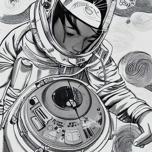 Image similar to james jean, mcbess art of a dj playing in outerspace, sketch