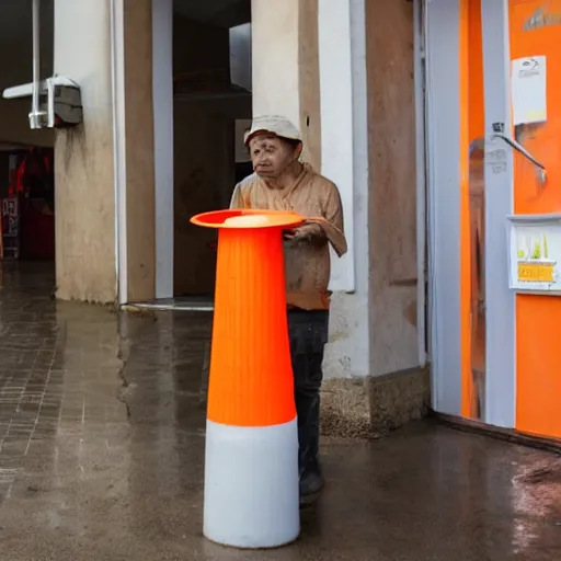 Prompt: man with traffic cone for head showering in rice