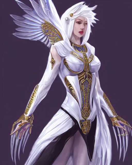 Image similar to perfect white haired egyptian goddess wearing white dove wings, warframe armor, regal, attractive, ornate, sultry, beautiful, dreamy, half asian, pretty face, blue eyes, detailed, scifi platform, 4 k, ultra realistic, epic lighting, android body, illuminated, cinematic, masterpiece, art by akihito tsukushi, voidstar, artgerm